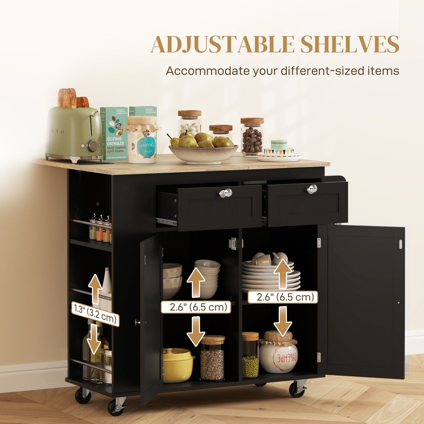 HOMCOM Kitchen Island with Power Outlet and Drop Leaf, Rolling Kitchen Cart with 2 Drawers and Adjustable Shelves, Black