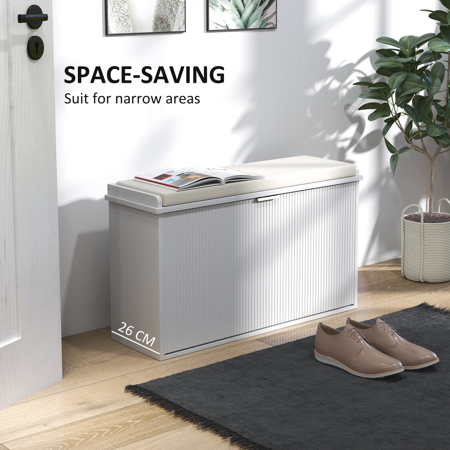 HOMCOM Hallway Bench with Upholstered Seat and Drop-Down Drawers, Load Capacity up to 120 kg, Storage for 8 Pairs of Shoes, White