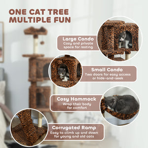 Arbre à chat de 160 cm avec griffoirs en sisal, cabanes, perchoirs moelleux, hamac, imprimé léopard