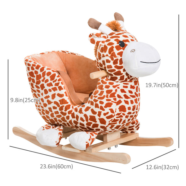 Wooden and plush rocking giraffe with sound and seat belt