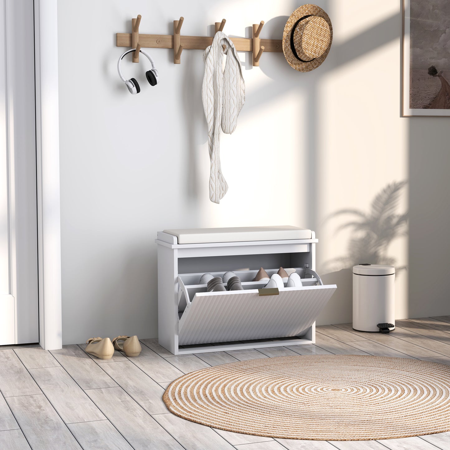HOMCOM Hallway Bench with Upholstered Seat and Drop-Down Drawers, Load Capacity up to 120 kg, Storage for 6 Pairs of Shoes, White