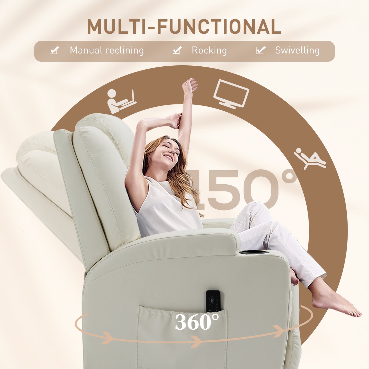 Fauteuil massant inclinable à bascule pivotantavec, 8 points de vibration, cuir synthétique, blanc crème