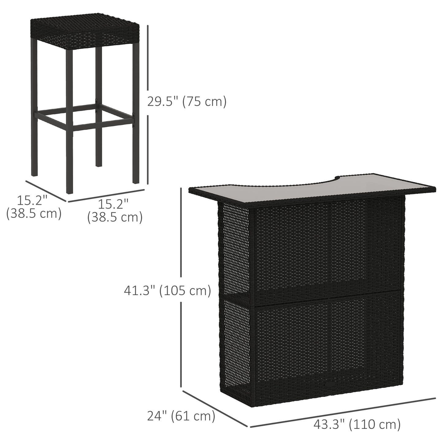 Outsunny 5 Pieces Patio Bar Set, Outdoor PE Rattan Wicker High Top Outdoor Table and Chairs with Glass Top Bar Table and Shelves, 4 Bar Chairs, Black |