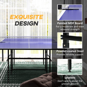 Full-size ping pong table with net, paddles, balls and wheels, blue
