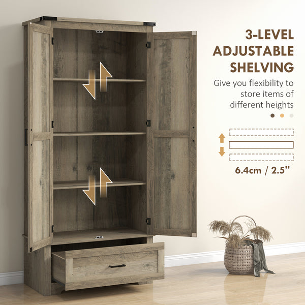 Meuble garde-manger style campagnard avec 2 portes, tiroir et étagères réglables, gris-beige