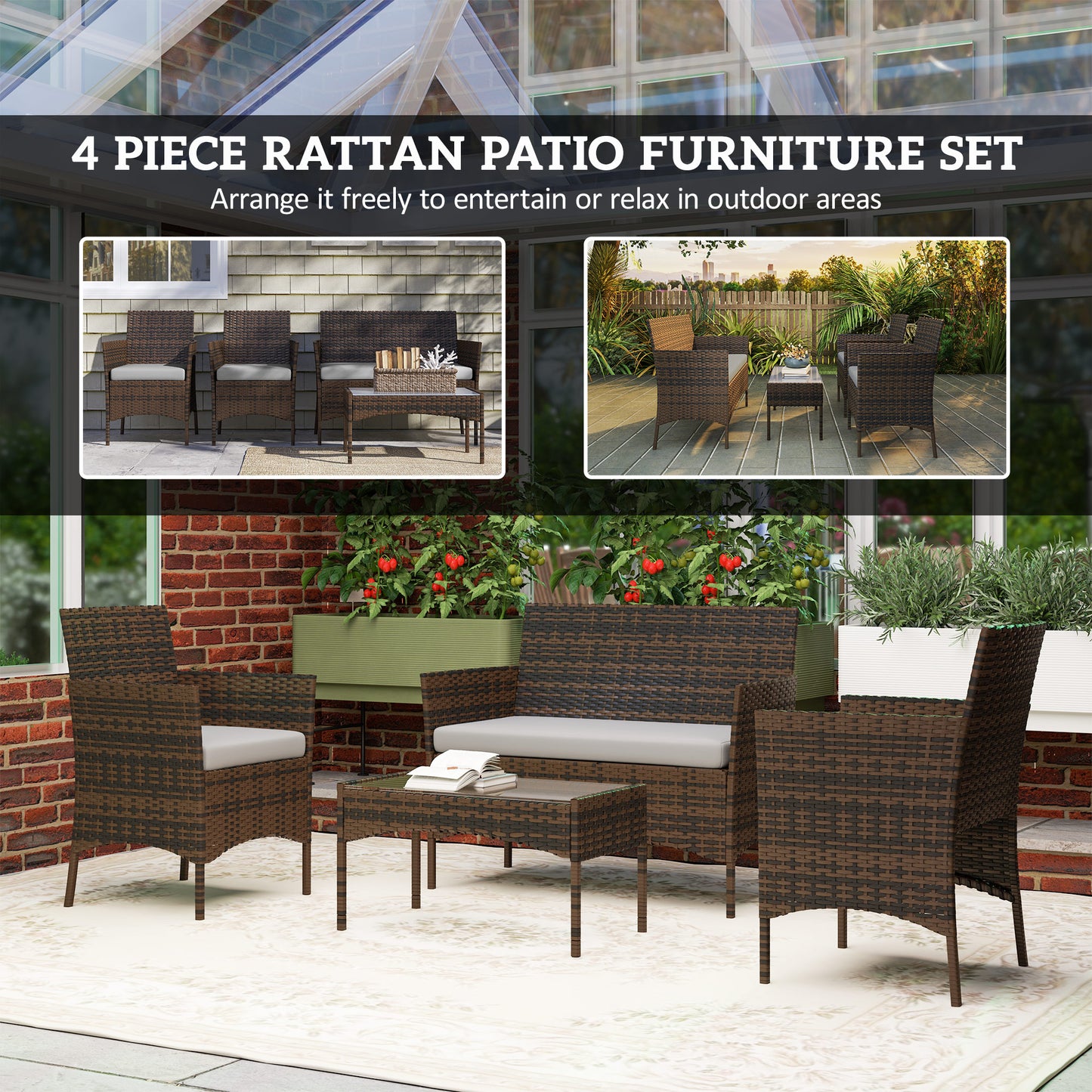 Outsunny 4 Piece Patio Rattan Balcony Wicker Garden Furniture Set with Loveseat, Chairs and Glass Coffee Table Grey