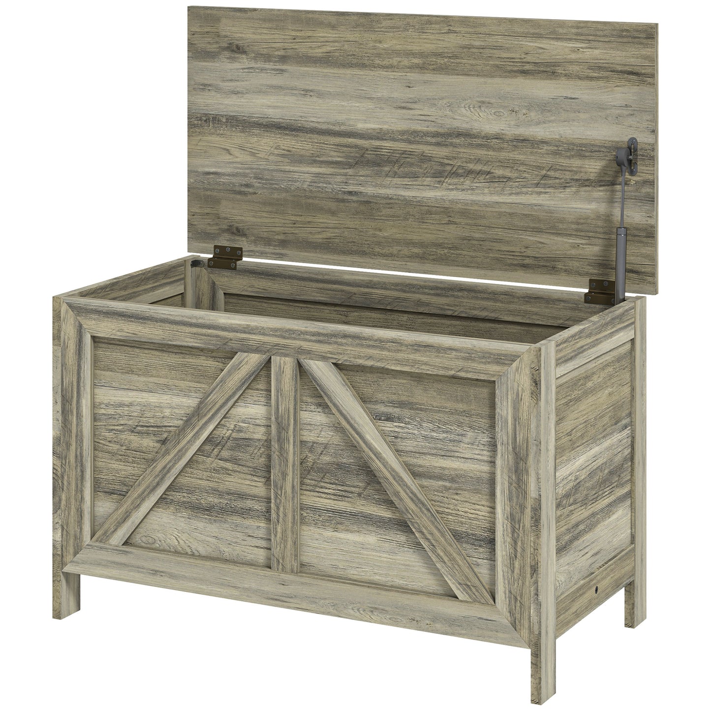 Coffre de rangement style ferme, charnière de sécurité pour ouverture à 100°, grain de bois gris