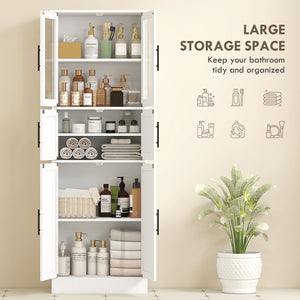 Meuble de rangement de salle de bain avec portes vitrées et étagères réglables, blanc