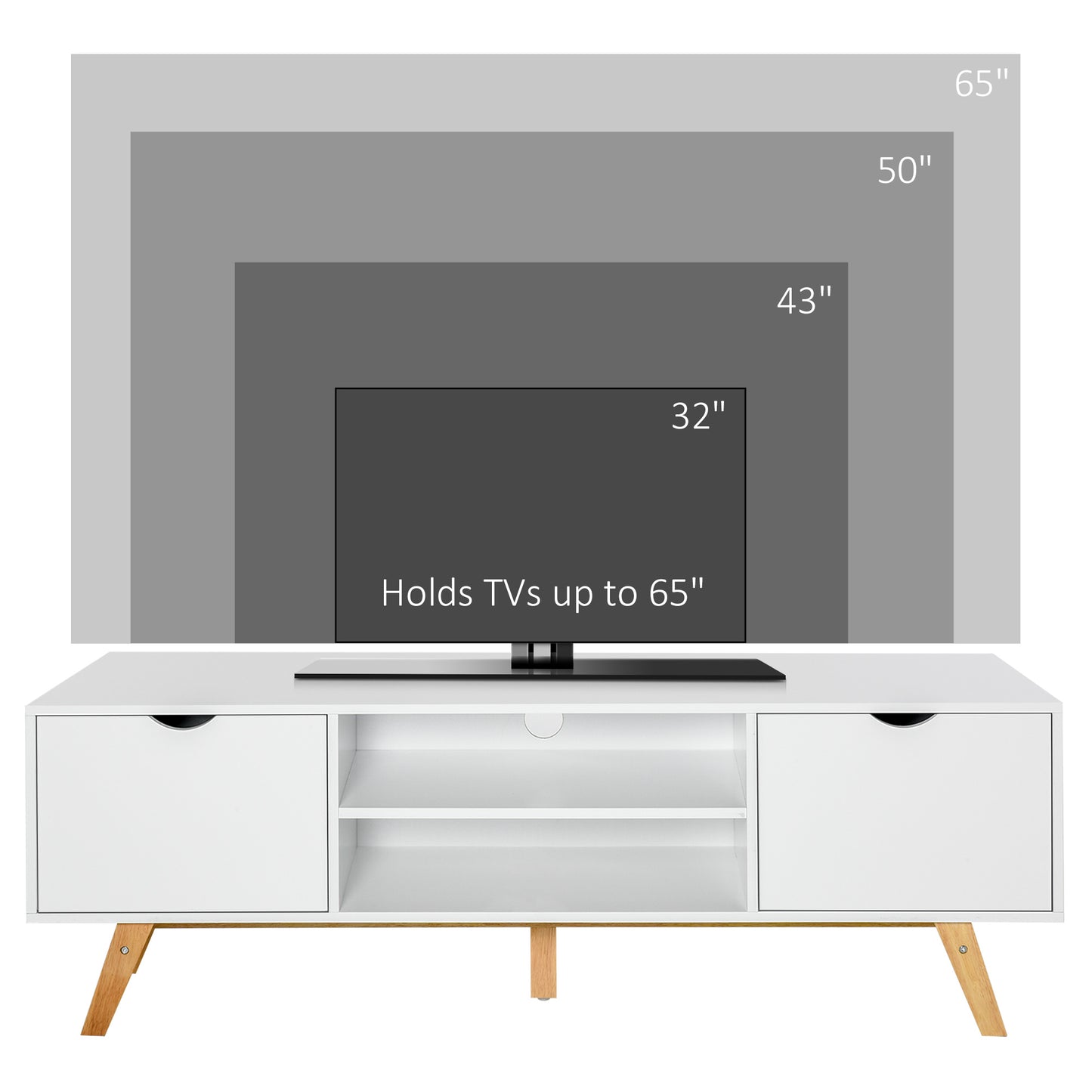 Meuble TV moderne en bois avec 2 tiroirs de rangement pour téléviseurs jusqu'à 65 pouces, blanc