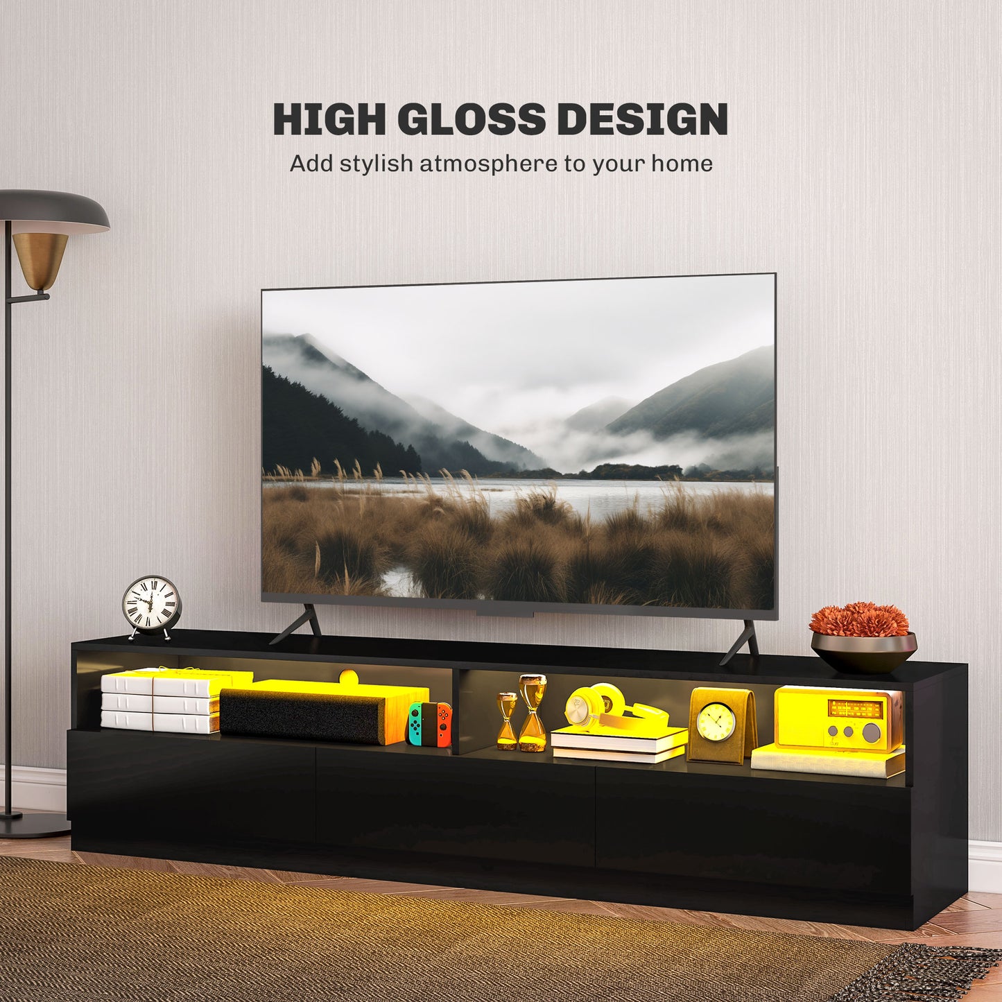 HOMCOM TV Stand with LED Lighting for TVs up to 75 inches, Modern TV Cabinet with Storage Drawers for Living Room, Glossy Black