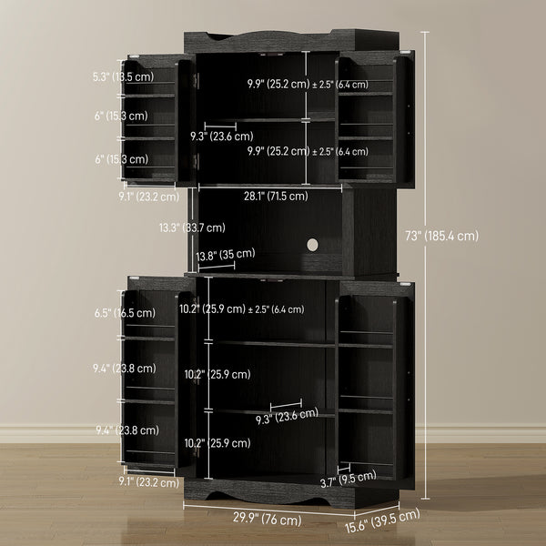 Armoire de cuisine avec 12 étagères de porte et support pour micro-ondes, noir