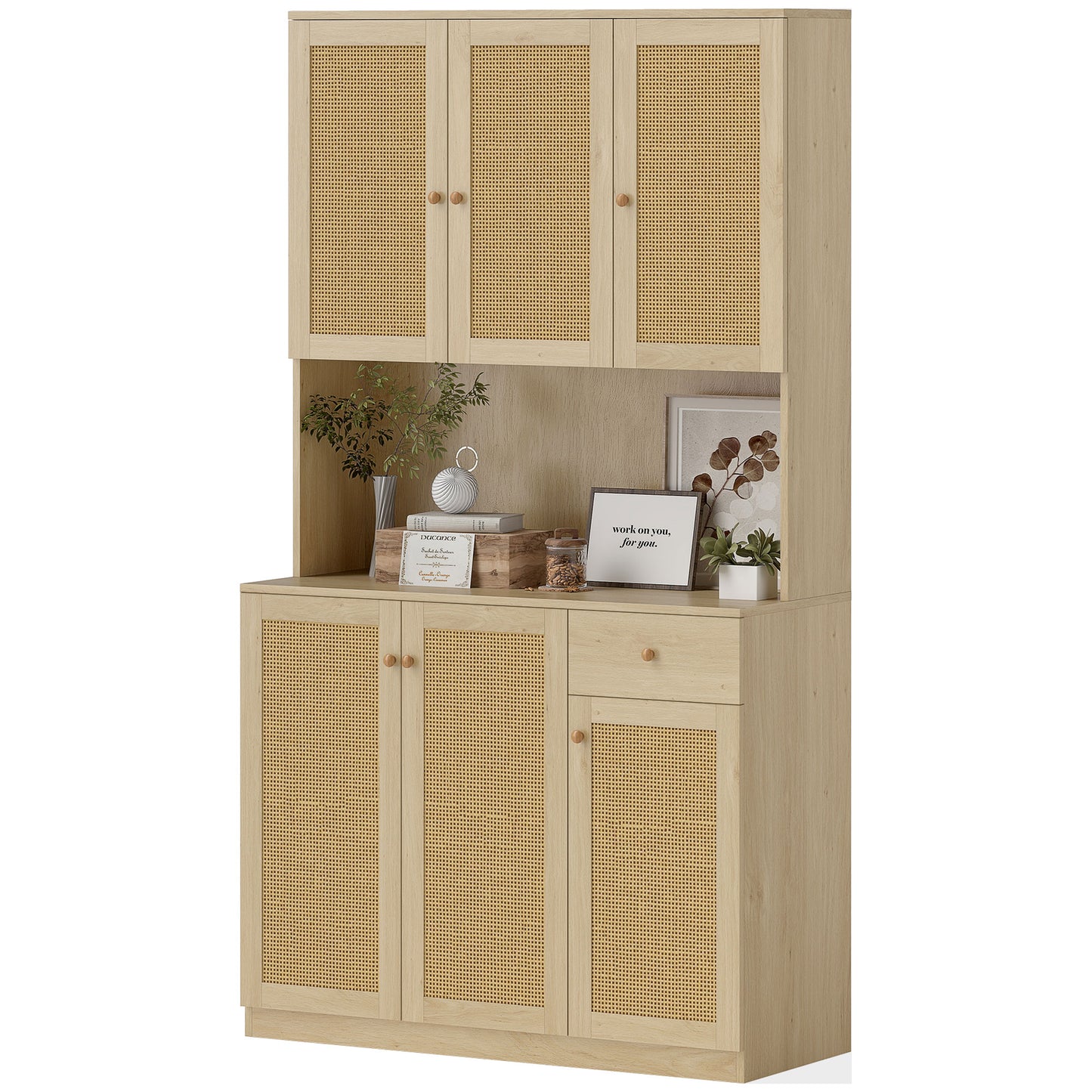 Bohemian style kitchen sideboard with microwave worktop, with decorative rattan doors, natural color