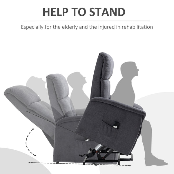 Fauteuil releveur électrique inclinable avec télécommande et poche latérale, gris