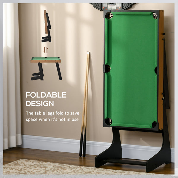 Mini foldable pool table with balls, cues, chalk and brush.
