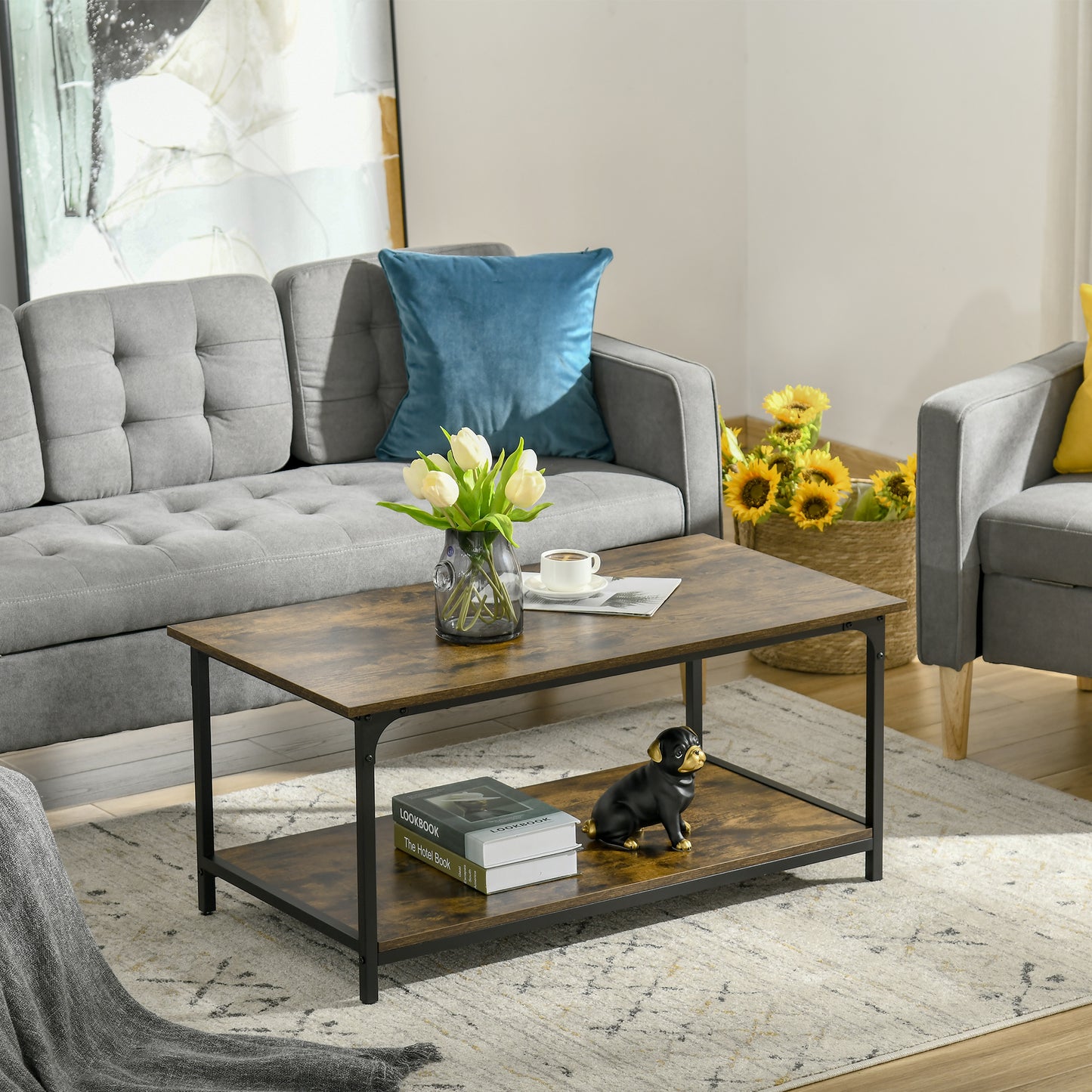 Table basse industrielle avec étagère de rangement pour salon, marron rustique