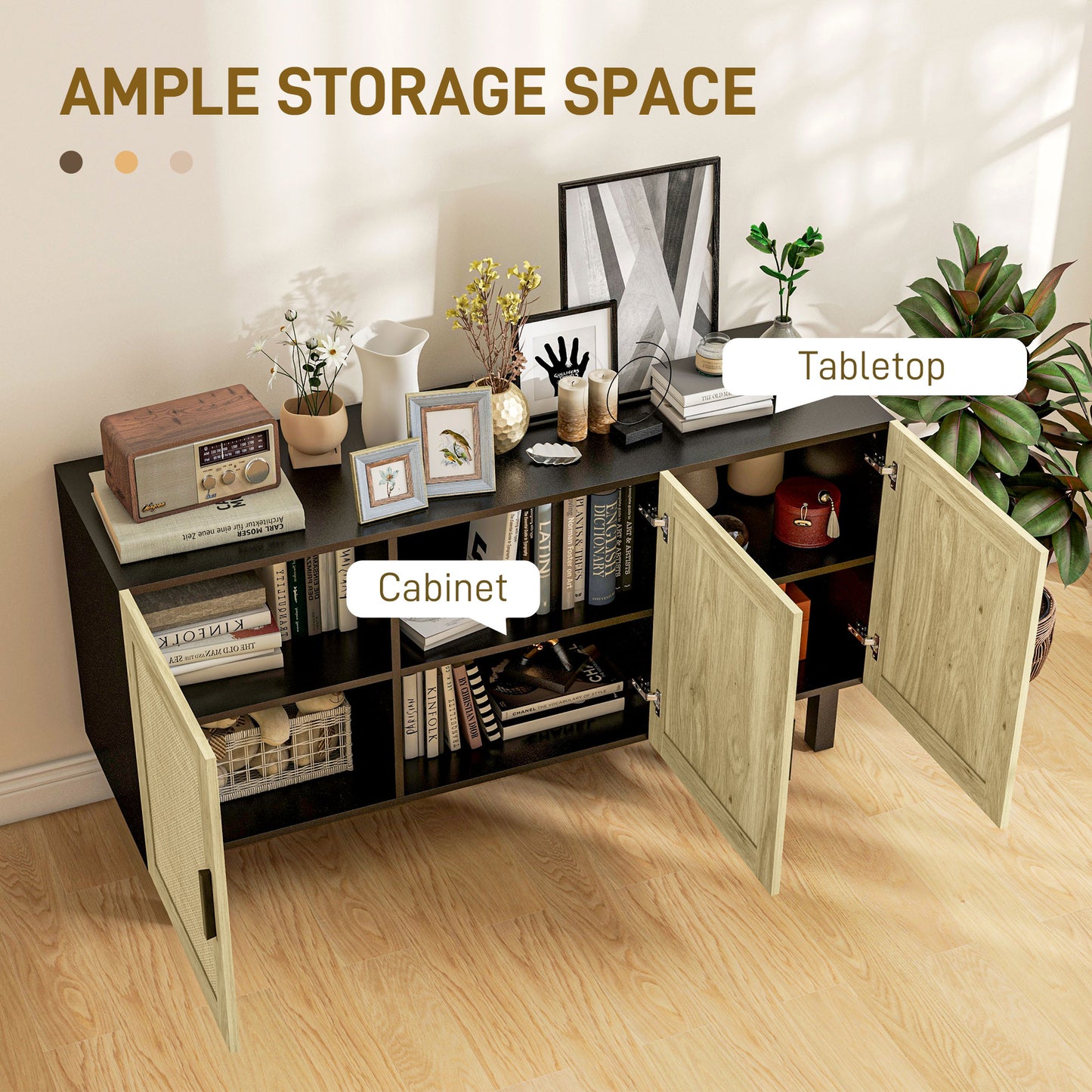 Boho Sideboard with 3 Rattan Doors, Kitchen Cabinet with Adjustable Shelves, Black and Natural