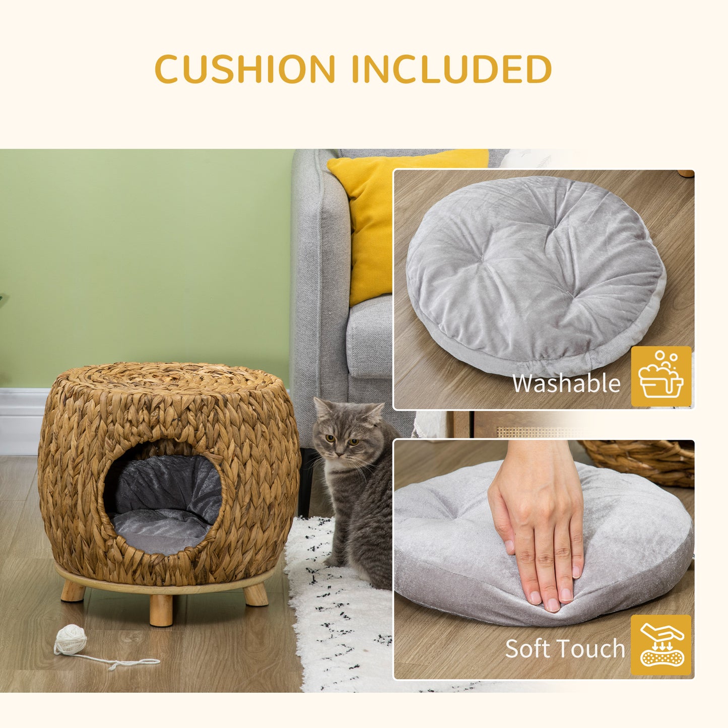 PawHut Wicker Cat Bed with Washable Cushion, Raised Rattan Cat Bed for Indoor Cats, Light Brown