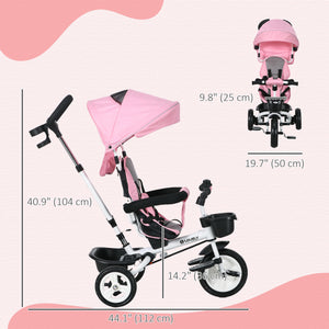 Tricycle 6 en 1 avec poignée parentale, auvent, paniers de rangement et porte-gobelet, rose