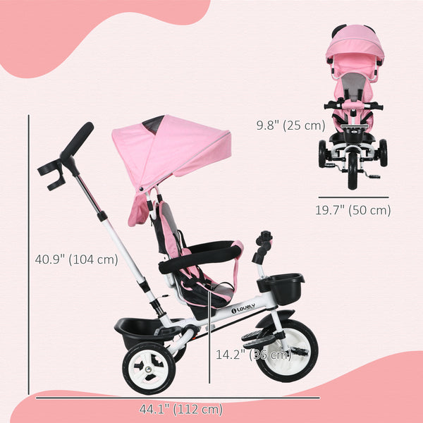 Tricycle 6 en 1 avec poignée parentale, auvent, paniers de rangement et porte-gobelet, rose