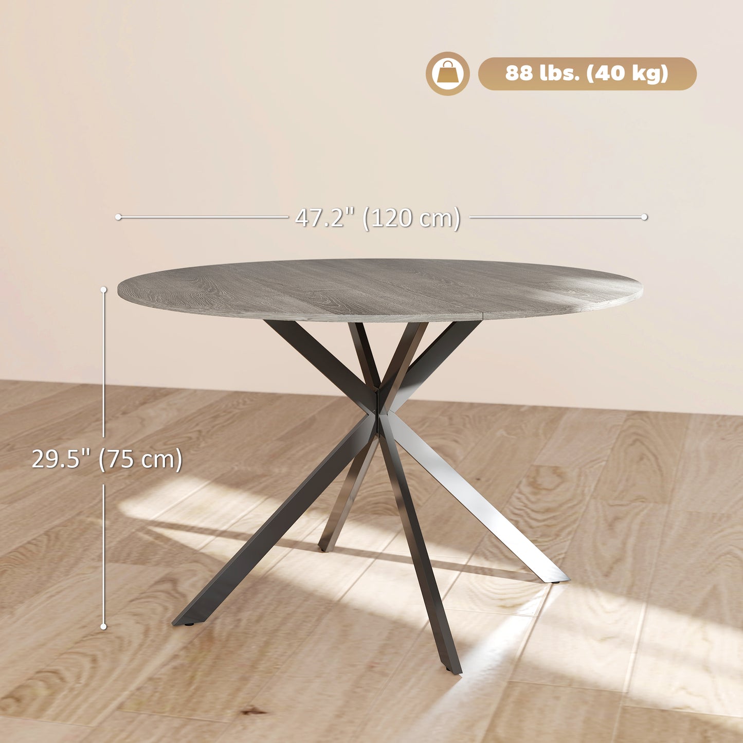 Table de cuisine ronde pour 4 personnes avec pieds en acier, grain de bois gris et noir