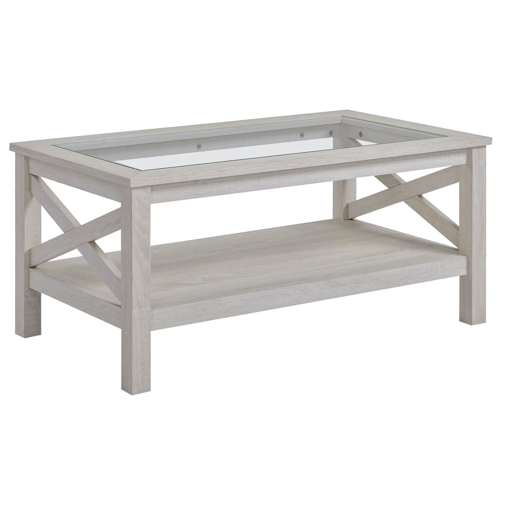 Table basse de style ferme avec plateau en verre trempé, chêne blanc