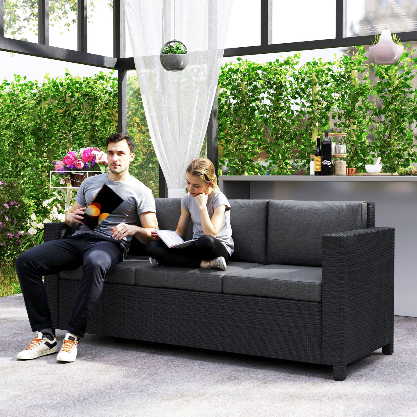 3 Seater Rattan and Wicker Sofa, Outdoor Garden Furniture with Cushion, Grey