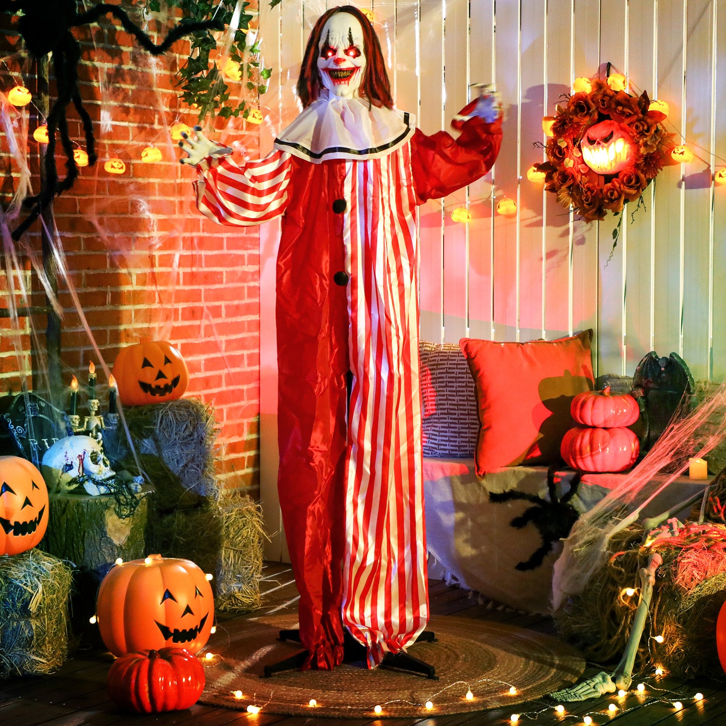 Clown animé grandeur nature pour Halloween, yeux rouges lumineux, activées par le son, fonctionne sur piles