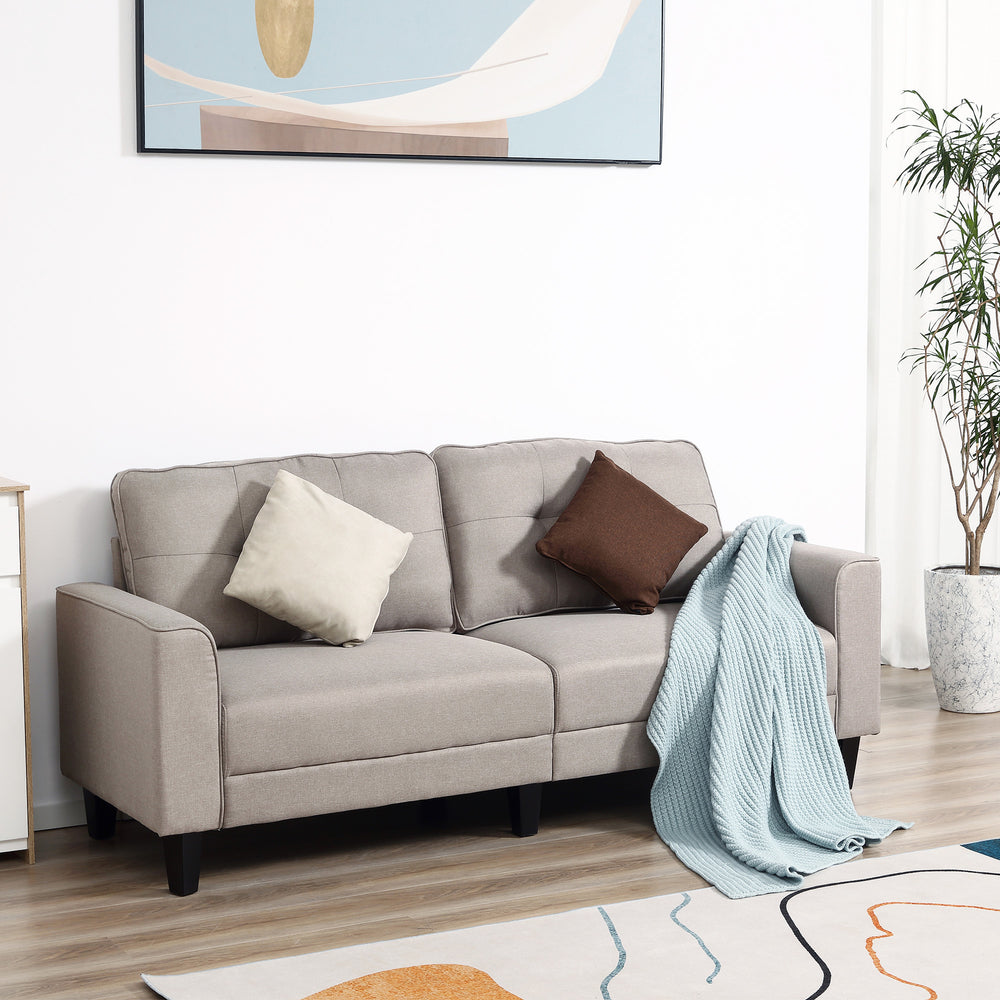 Canapé 3 places en lin avec assise rembourrée et pieds en bois, beige