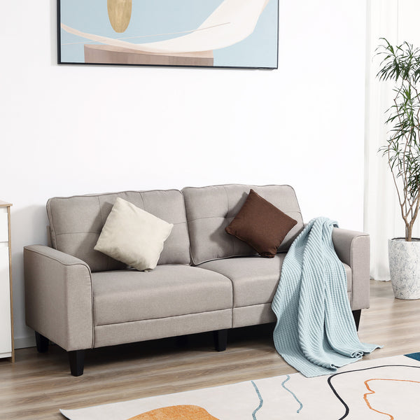 Canapé 3 places en lin avec assise rembourrée et pieds en bois, beige