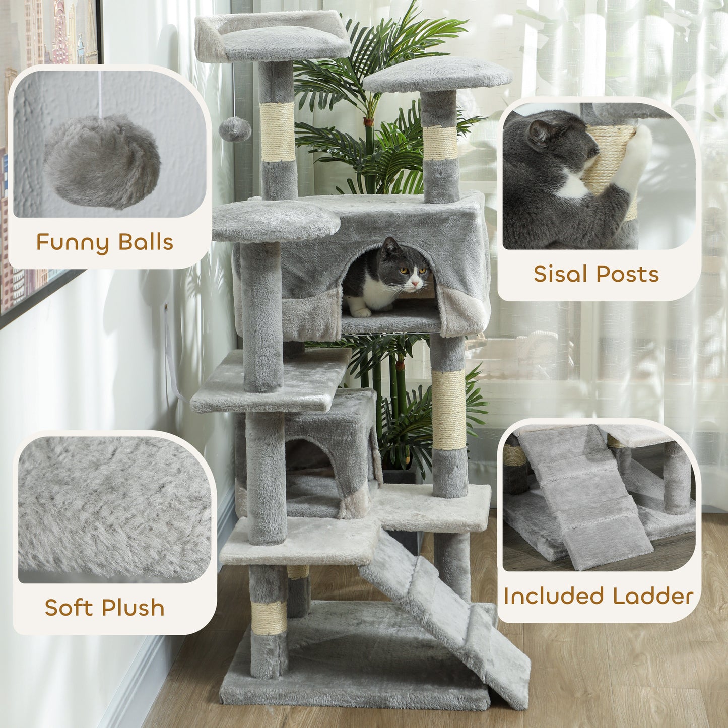 53" Cat Tree with Scratching Post, Large Kitten Playhouse, Multi-Level Activity Center, Gray