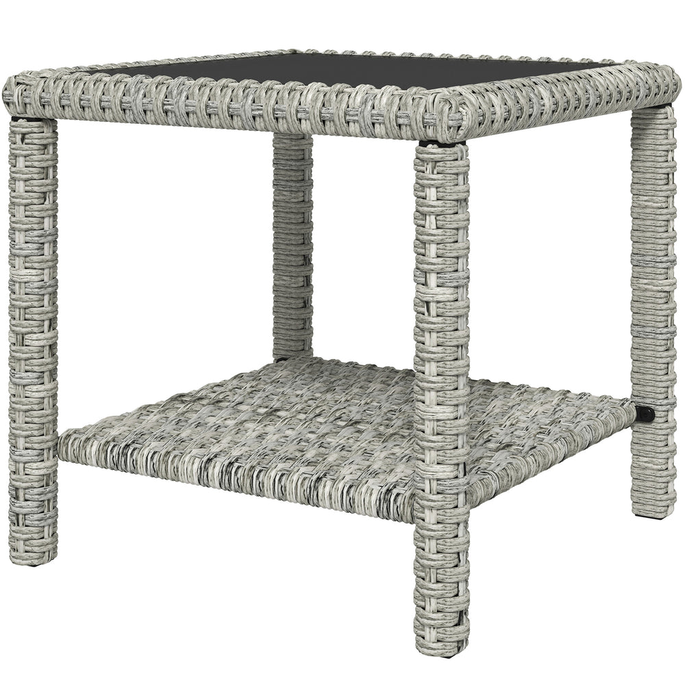 Table basse d'extérieur 48 cm en osier avec plateau en verre et étagère de rangement pour jardin, véranda, balcon, terrasse, gris foncé