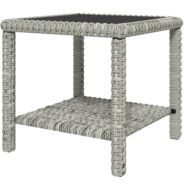 Table basse d'extérieur 48 cm en osier avec plateau en verre et étagère de rangement pour jardin, véranda, balcon, terrasse, gris foncé