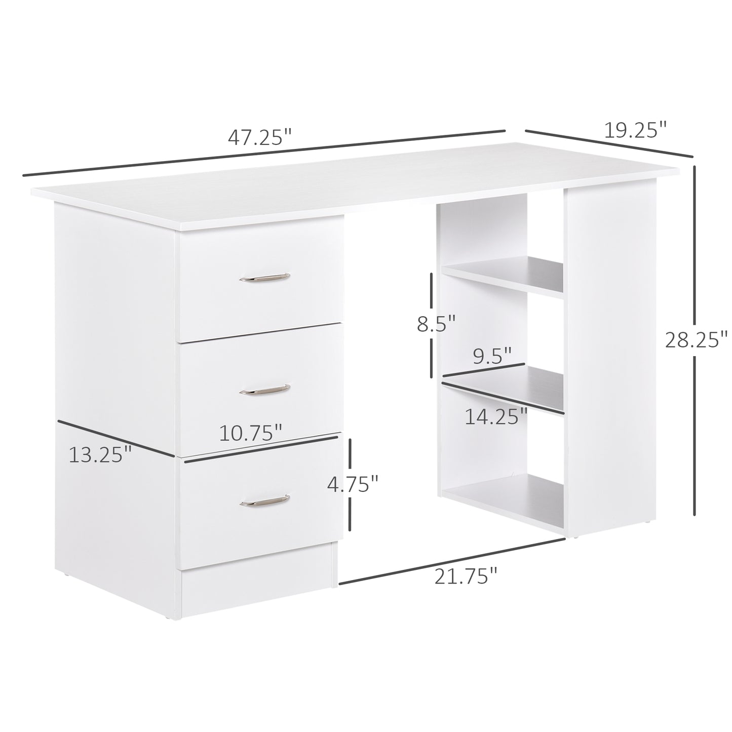 Bureau 47 pouces avec étagères de rangement à 3 niveaux, blanc