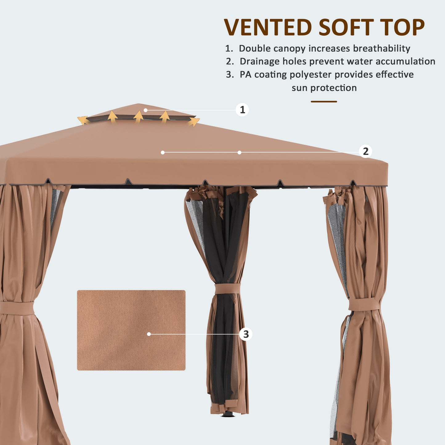 Gazebo d'extérieur 10' x 10' double toit souple avec rideaux et moustiquaires, marron
