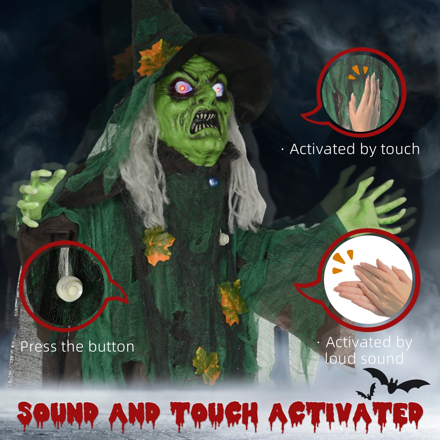Décoration d'Halloween grandeur nature de 6 pieds, sorcière animé avec son et mouvement activés, yeux lumineux, son effrayant