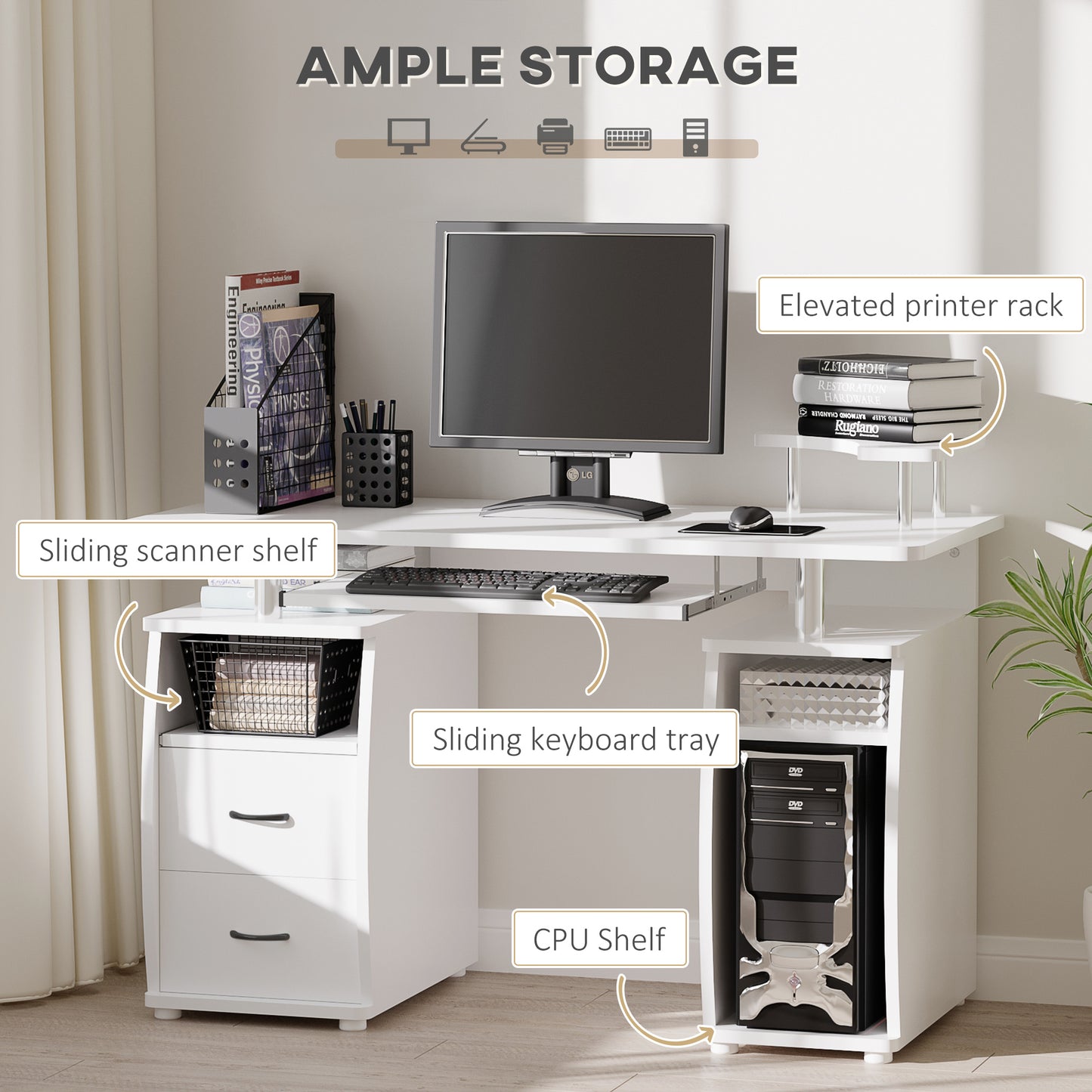 Bureau d'ordinateur avec plateau pour clavier, blanc
