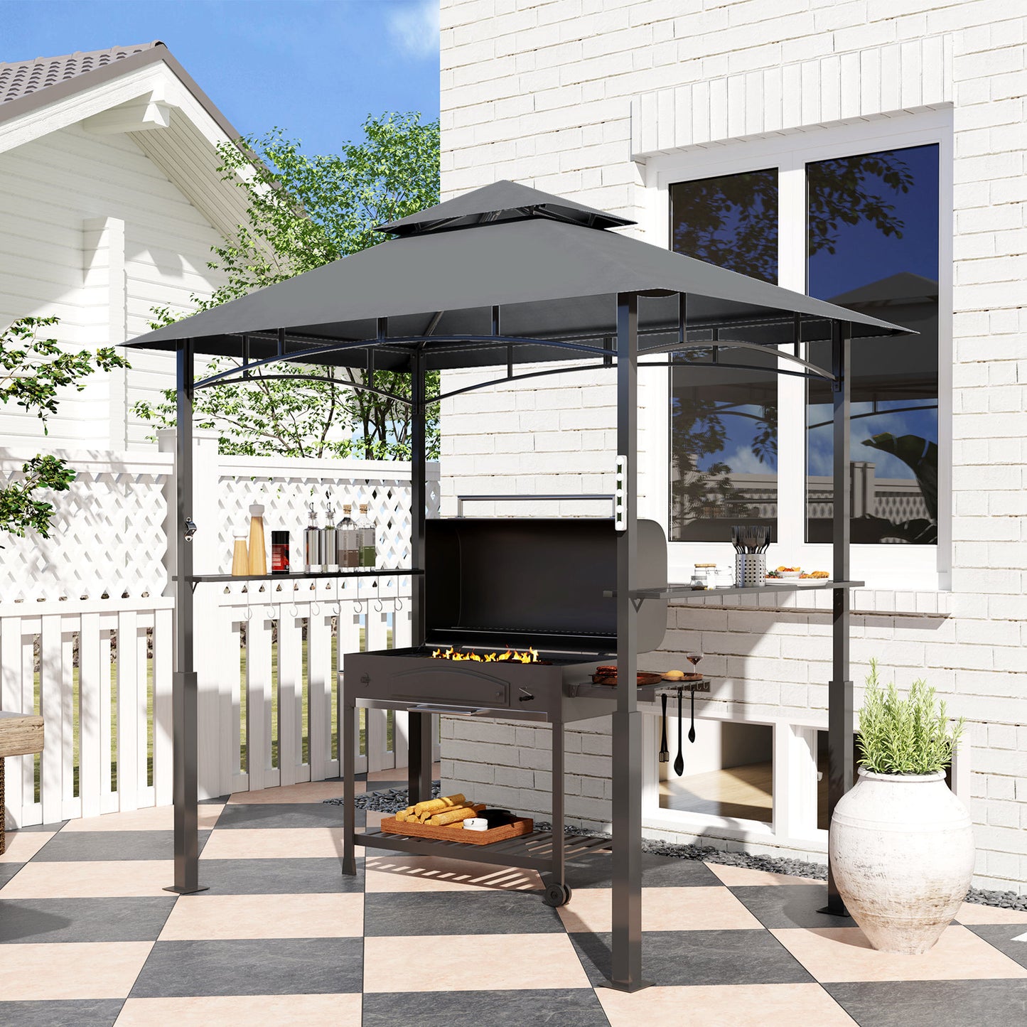 Outsunny 8' x 5' Grill Gazebo, Double Tiered BBQ Gazebo with LED Light, 2 Side Shelves, Hooks and Bottle Opener, Dark Gray |