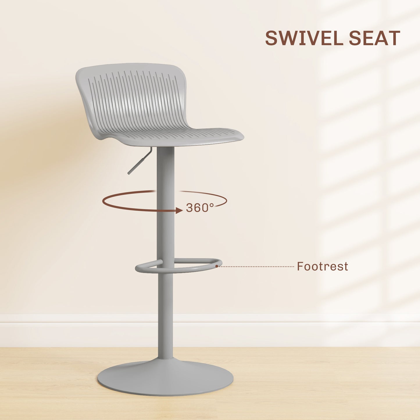 Lot de 2 tabourets de bar pivotants en polypropylène, hauteur réglable, repose-pieds et dossier, gris
