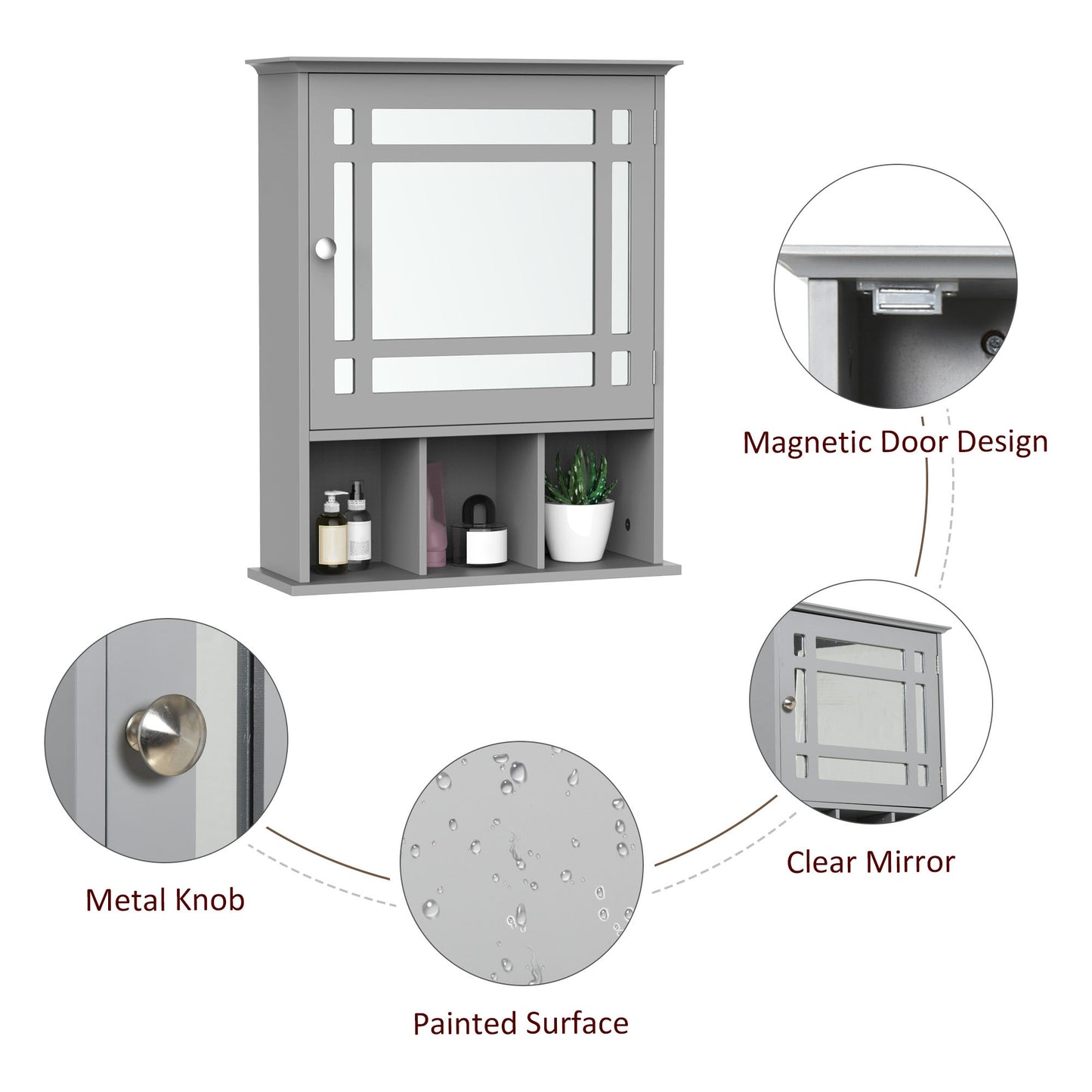 Armoire de salle de bain avec porte miroir et 3 étagères, gris