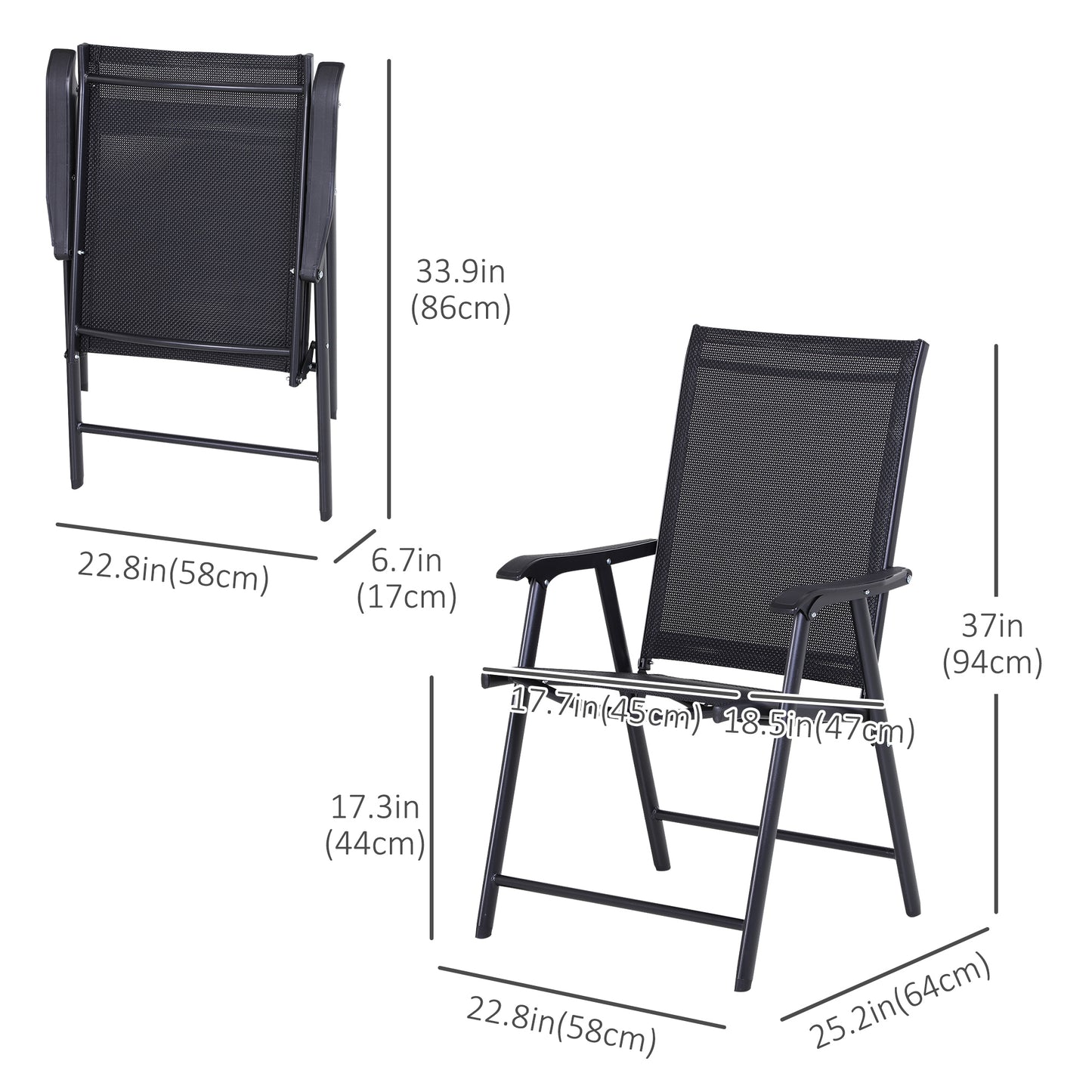 Ensemble de 2 chaises pliantes pour la terrasse, confortable avec accoudoirs, noir
