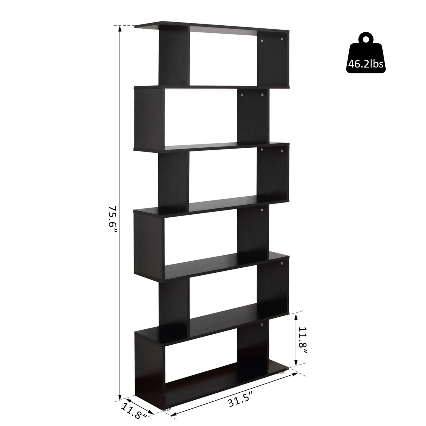 S-shaped wooden bookcase with 6 shelves
