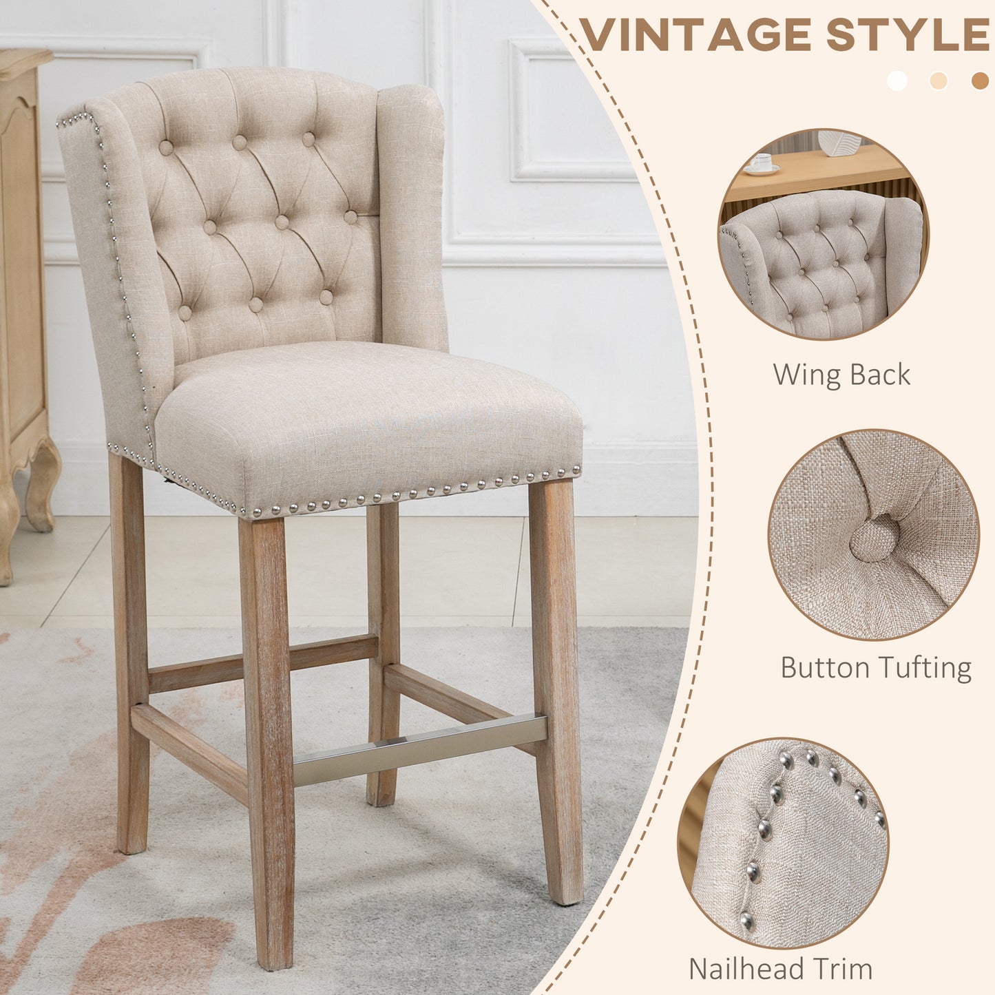 Lot de 2 tabourets de bar, rembourrés avec dossier clouté et repose-pieds, beige
