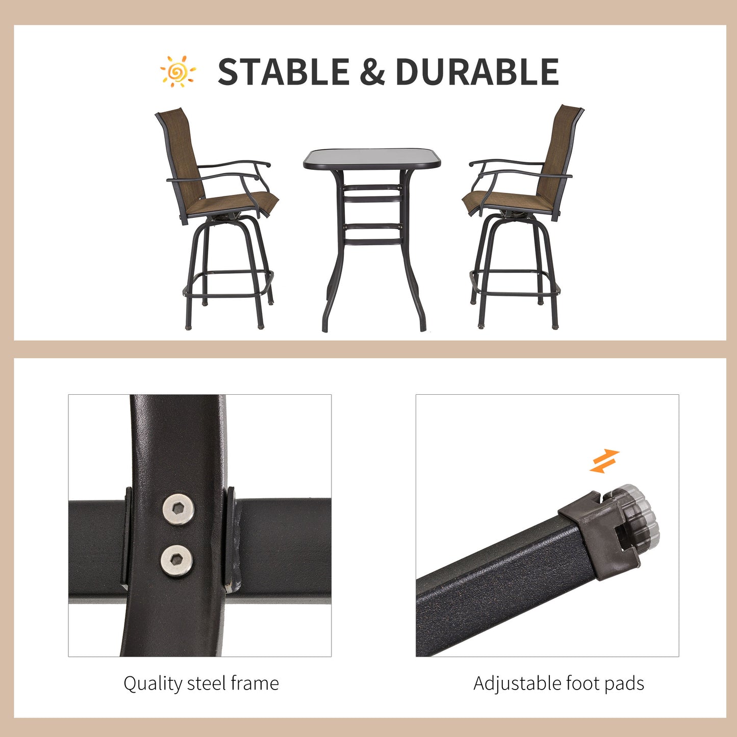 Outsunny 3 Piece Outdoor Patio Bar Set 2 Swivel Stool and 1 Bistro Table All-Weather Metal Frame for Balcony Backyard Deck Brown |