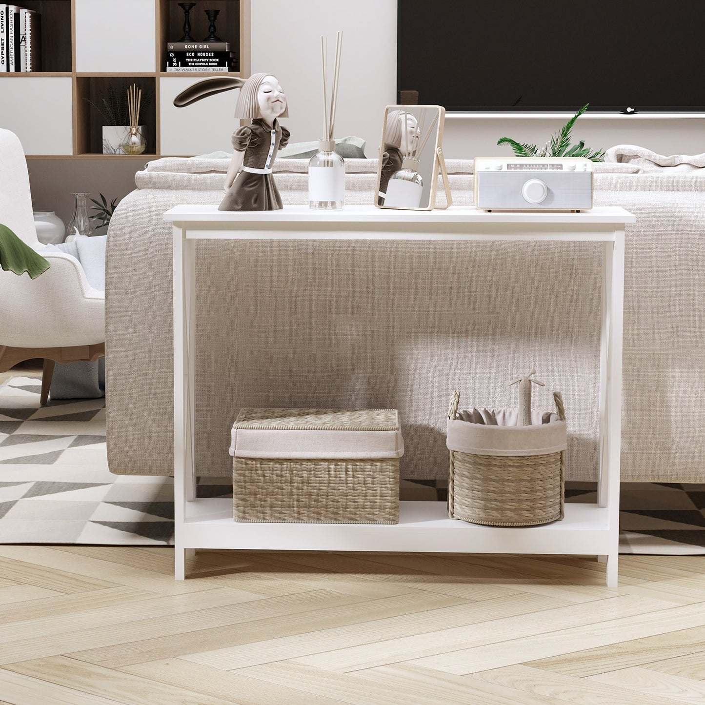 Console d'entrée étroite à 2 niveaux, design en X, avec étagère de rangement pour derrière le canapé, salon, couloir, blanc