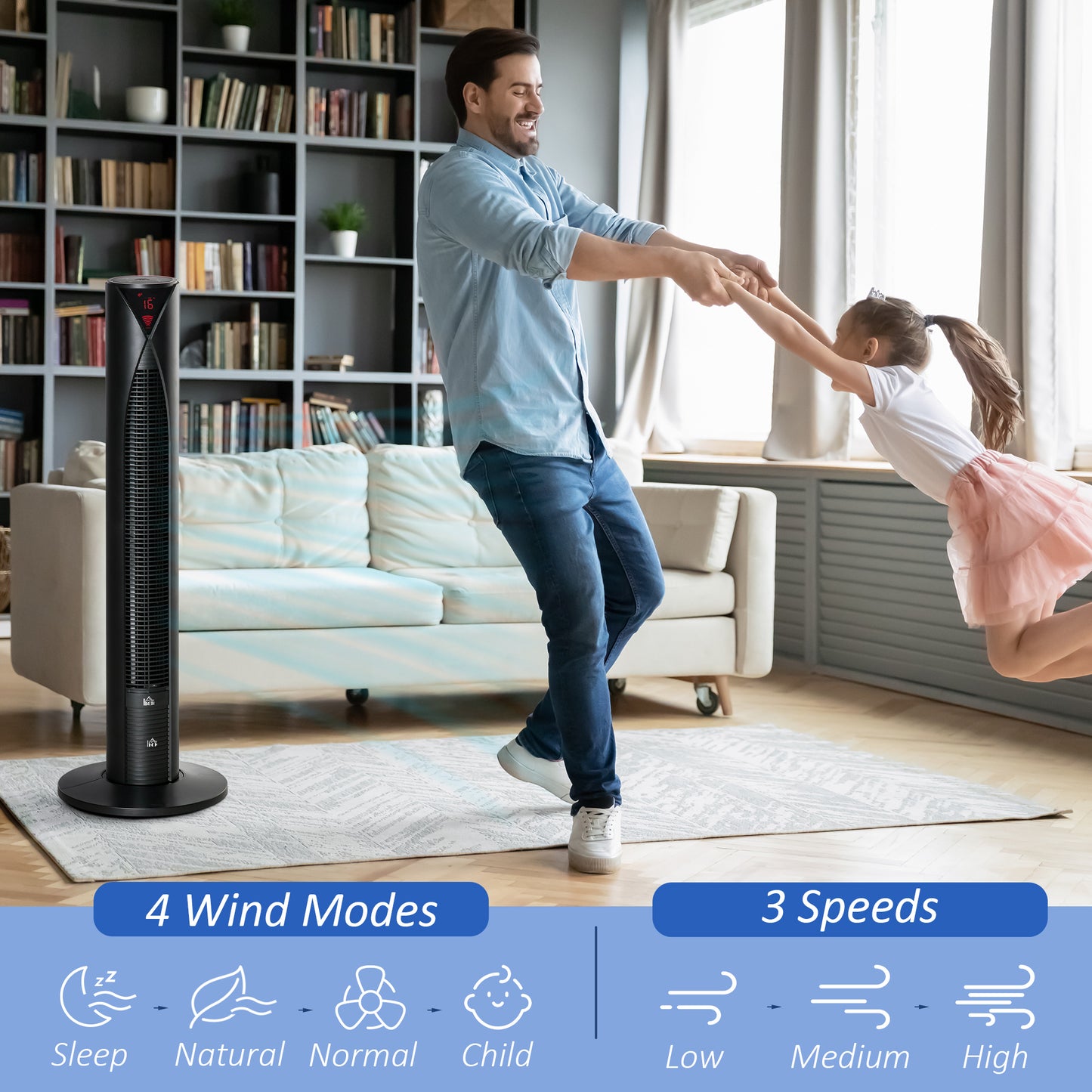 Ventilateur tour autonome avec 3 vitesses, minuterie 12 h, oscillant, panneau de capteur LED, télécommande, noir