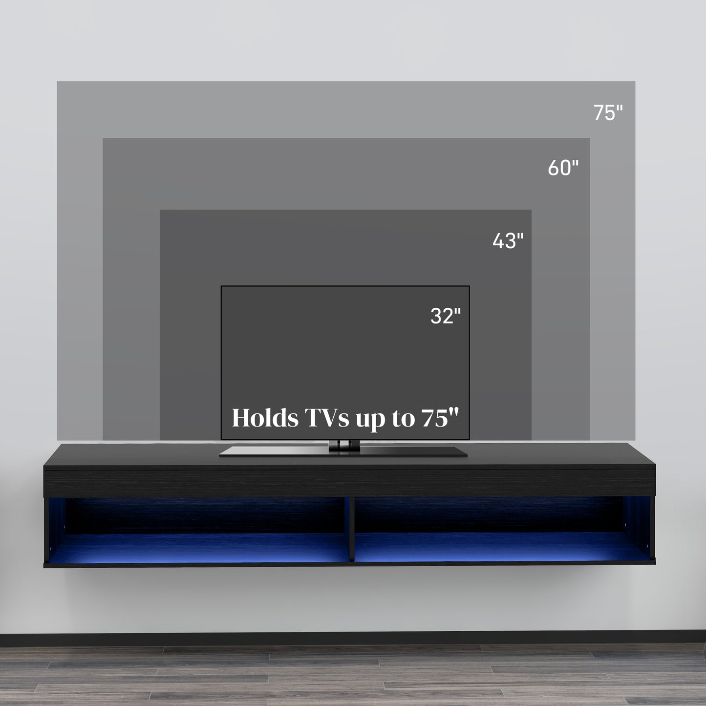 HOMCOM Modern Wall Mounted TV Stand with Storage and LED Lighting for TVs up to 75 inches, Floating TV Shelf for Living Room, Black