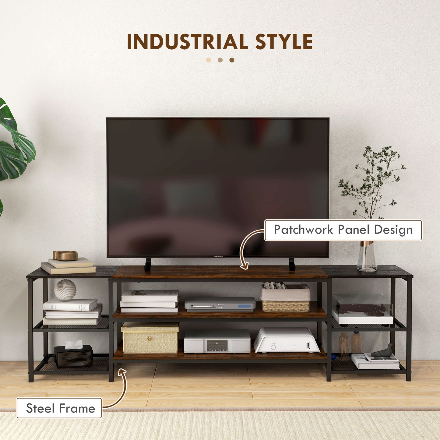 HOMCOM Industrial TV Stand, TV Cabinet for TVs up to 80 inches with Storage Shelf and Steel Frame