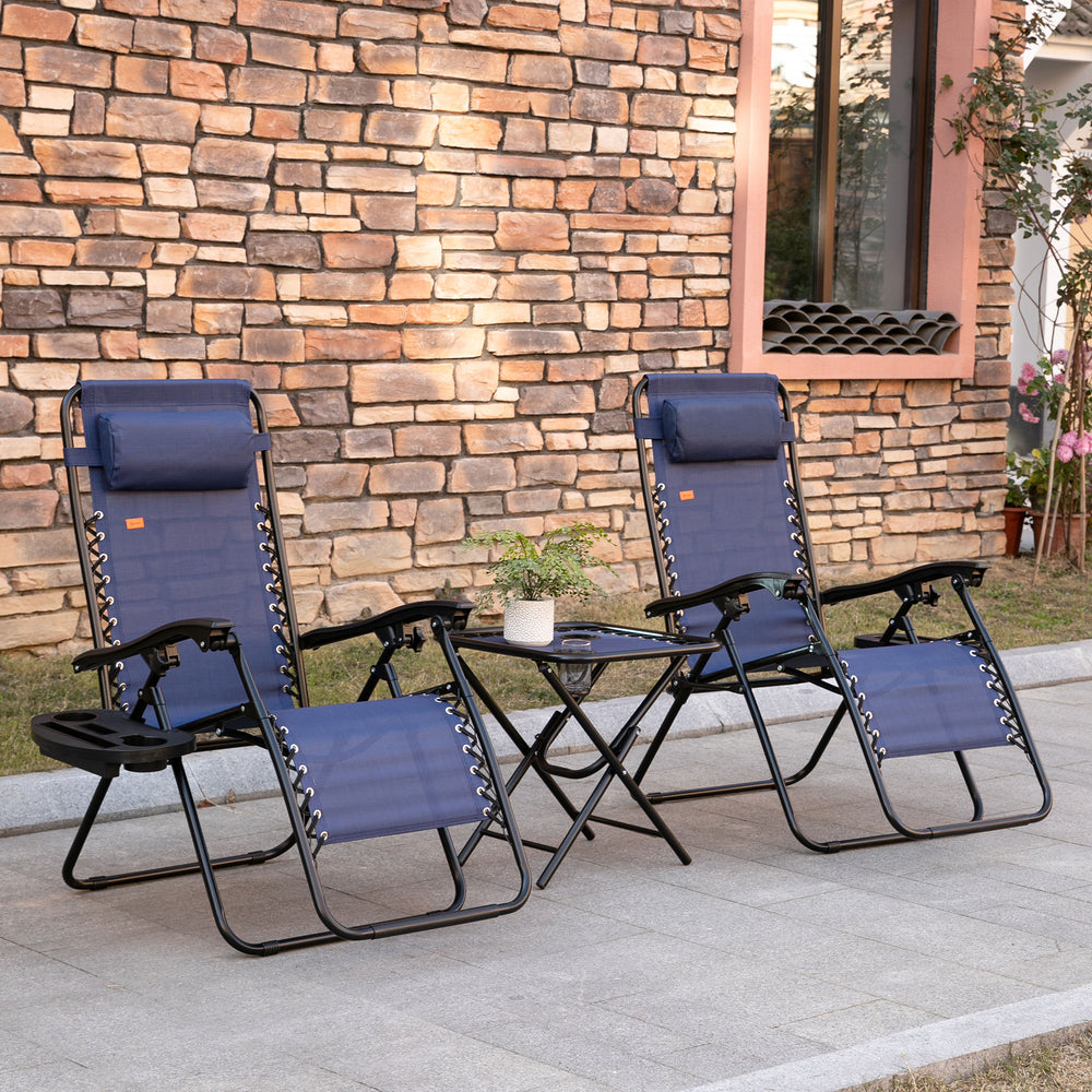Ensemble de 2 chaises de patio Zero Gravity avec table d'appoint, porte-gobelets et coussins pour piscine, jardin, pelouse, plage, bleu
