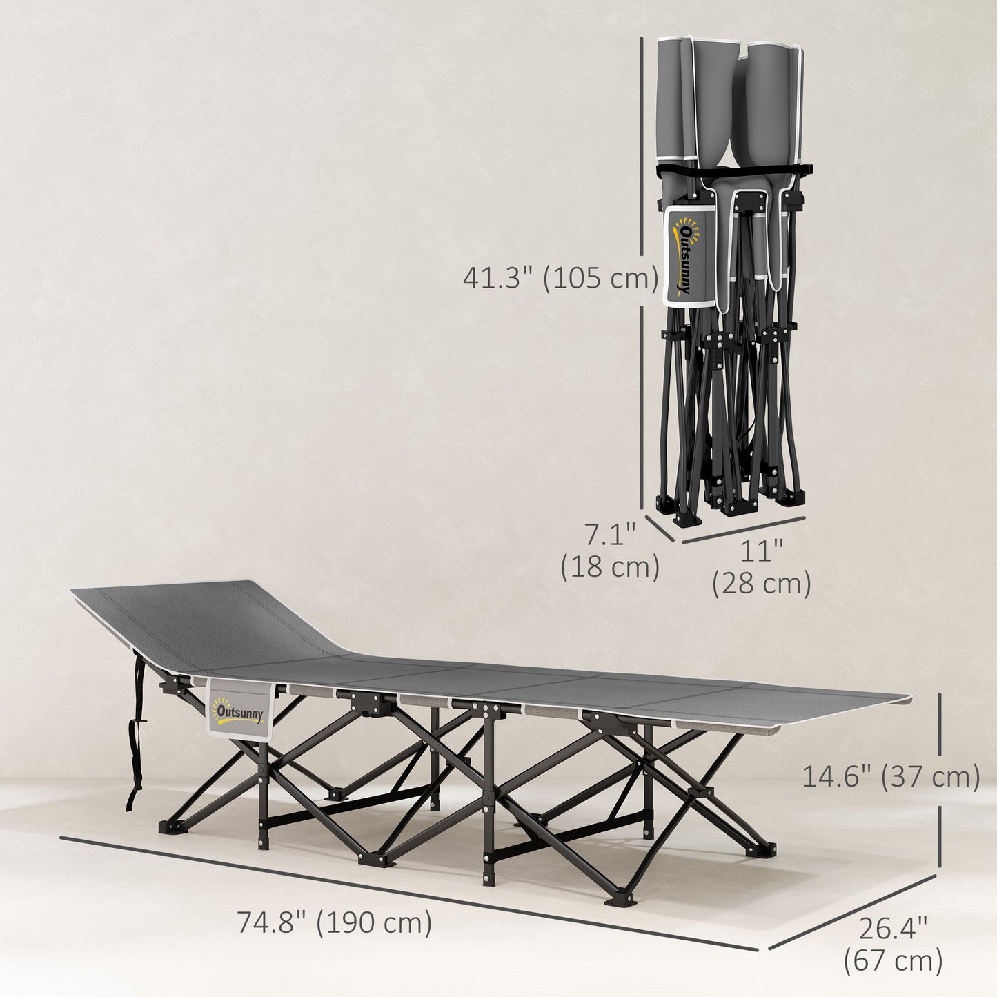 Lit de camp pour adultes avec matelas, poche de rangement, sac de transport, charge maximale 150 kg, noir