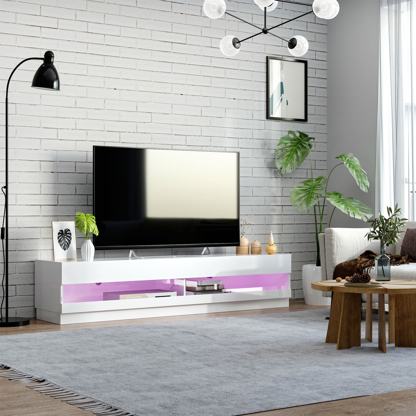 HOMCOM Illuminated TV Stand for TVs up to 75 inches, TV Cabinet with Storage for Living Room, Glossy White
